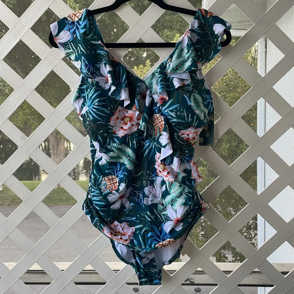 Blooming Jelly V-Neck Ruffle Trim Tummy Slimming Swimsuit - Picture 2 of 13